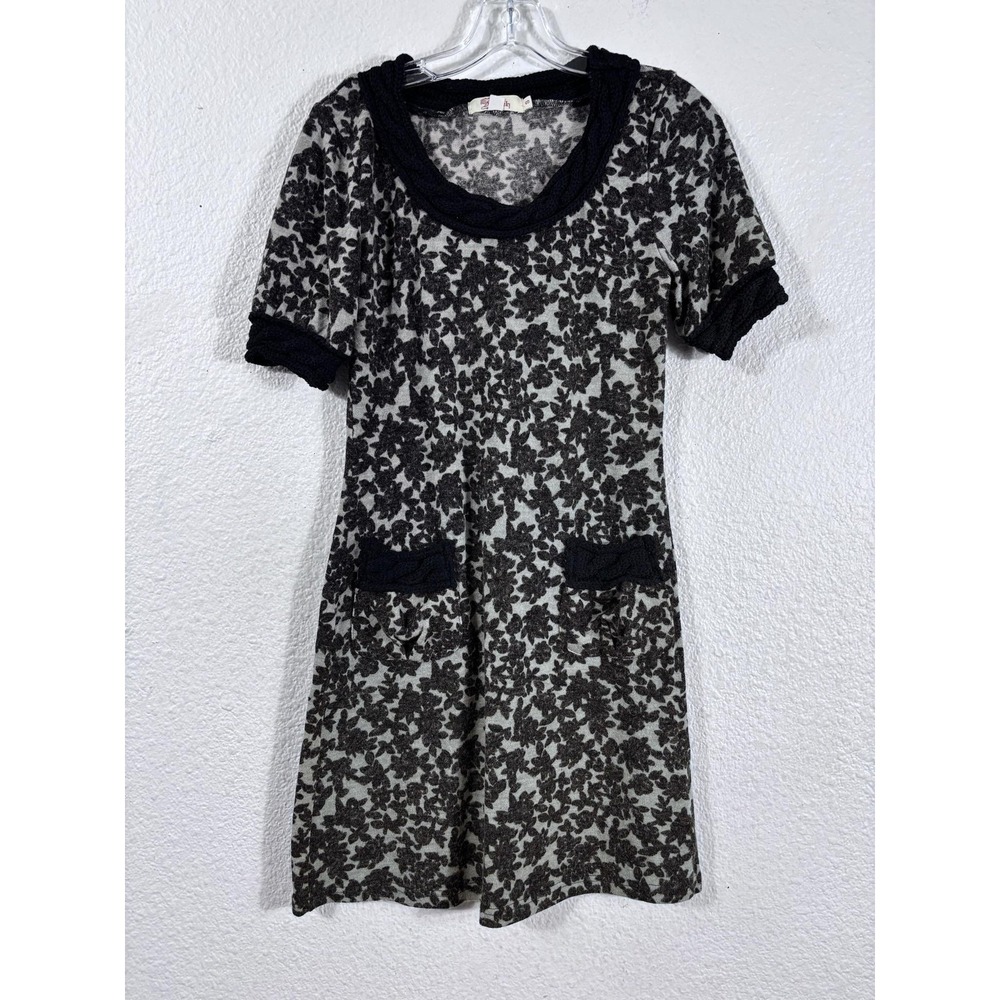 Aryeh Dress Womens Small Gray Brown Floral Knit Short Sleeve Sweater Pockets